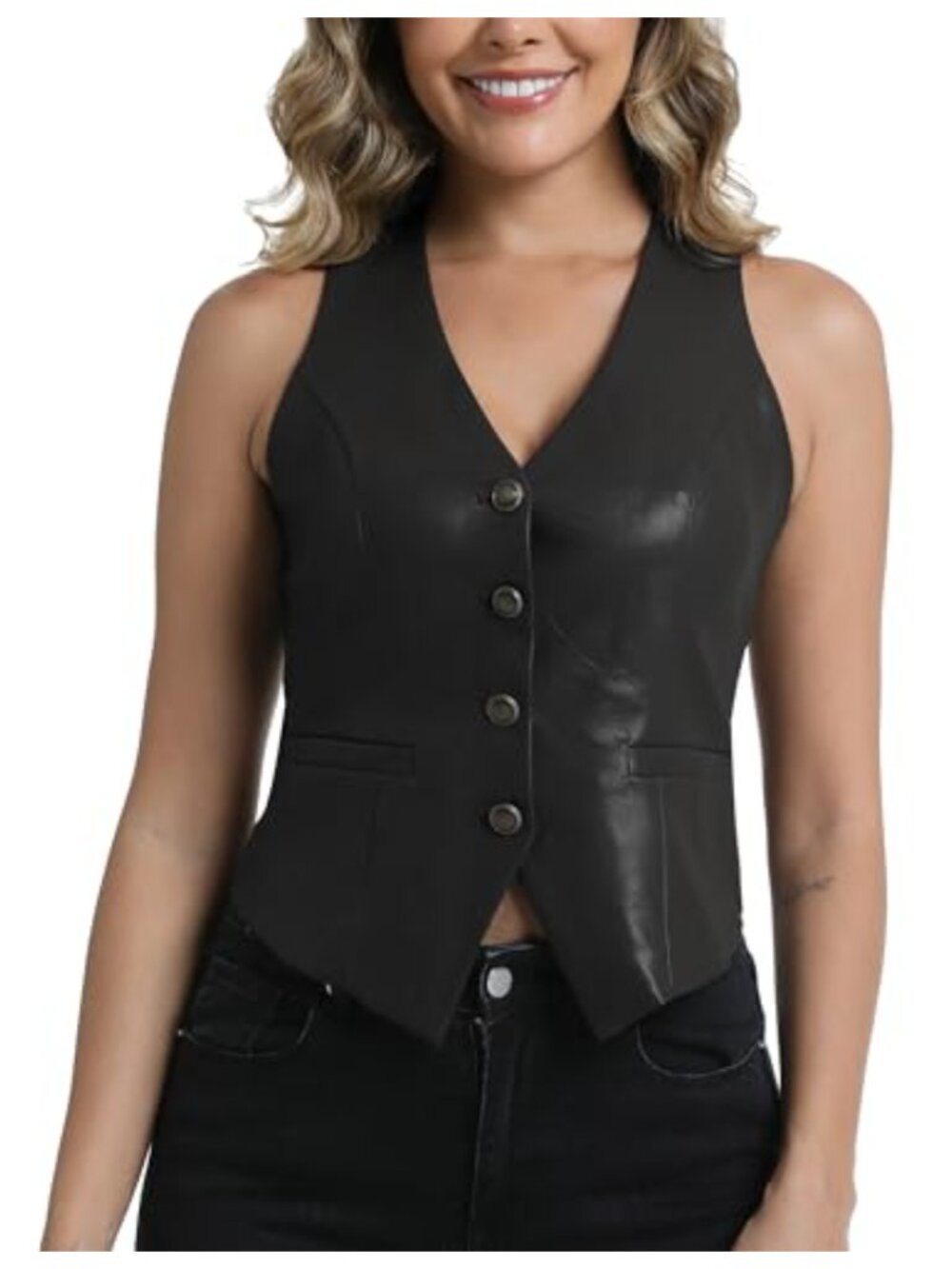 Women's PU Leather Vest Sleeveless Waistcoat Button Front